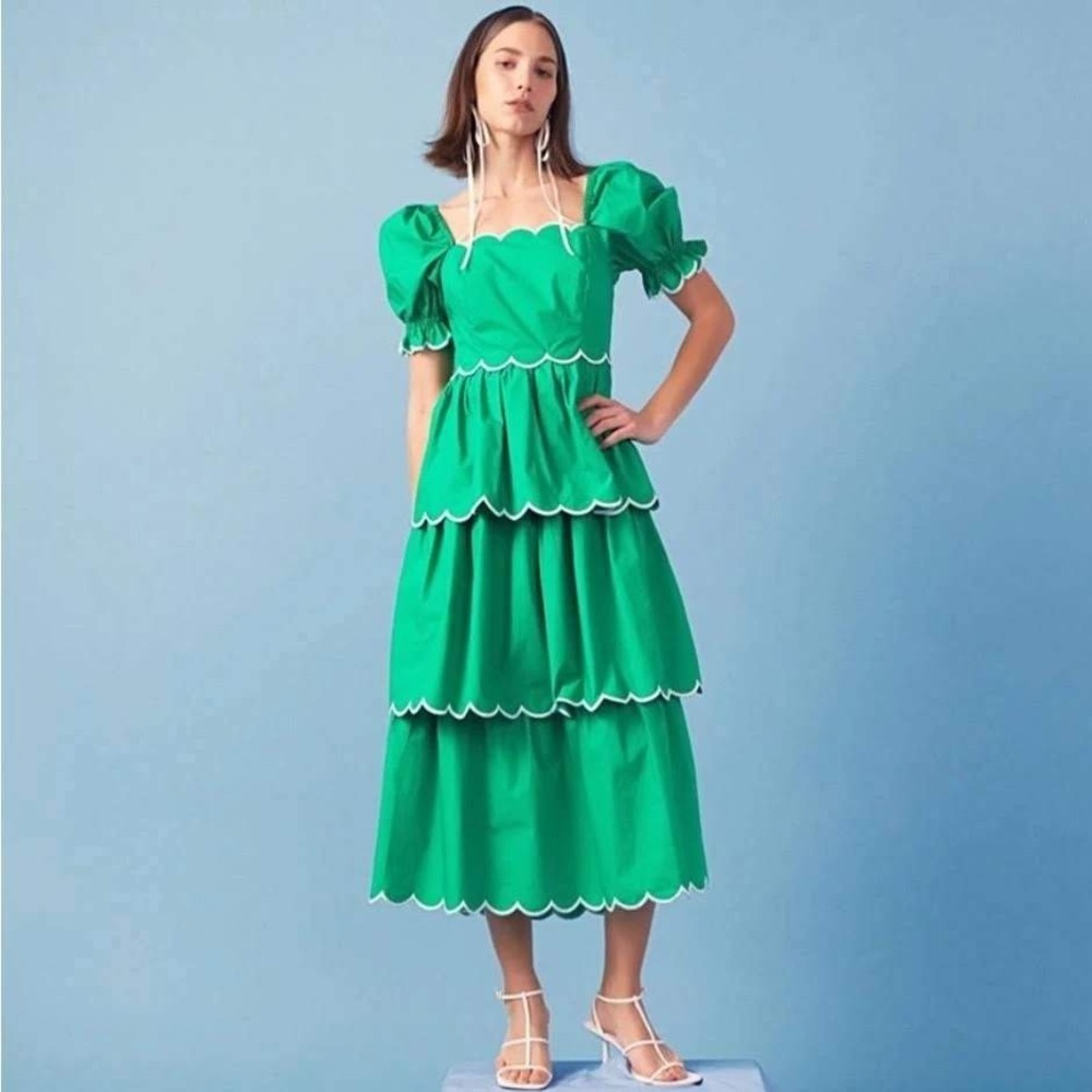 English Factory Green Scalloped Tiered Midi Dress Open Back Puff Sleeve L NWT